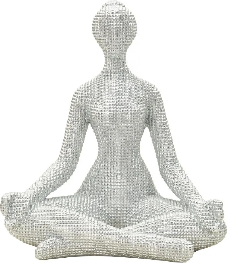 Sculpture Yoga Donnina en Polyrésine Bicolore Argent et Blanc 20,5 cm