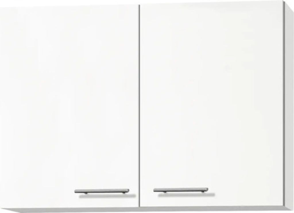 A white wall cabinet with two doors and silver handles.