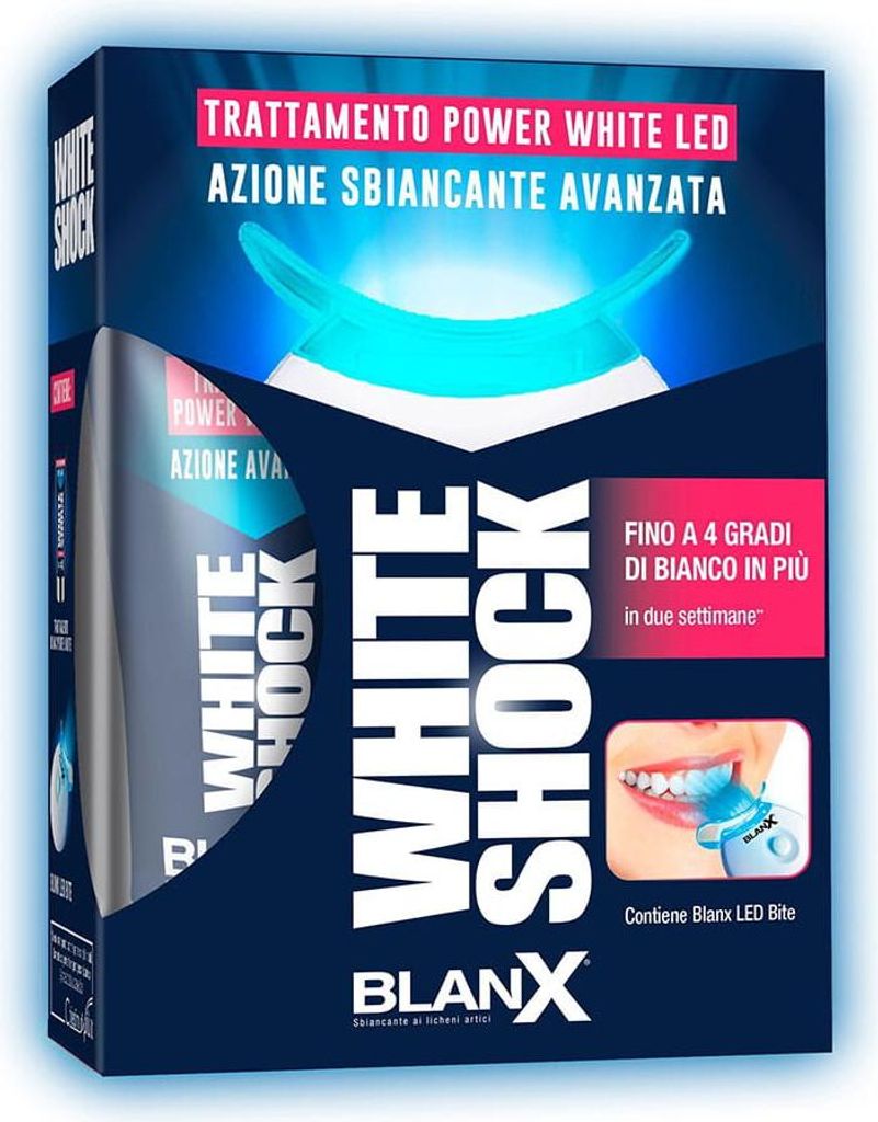 The image shows the packaging of a teeth whitening product, featuring the brand name, product name, and promotional text.