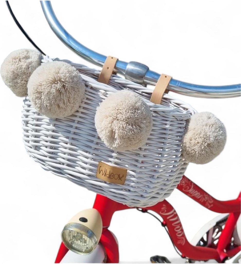 Kinderfahrradkorb aus weißer Weide für Dumpy Stripes mit Bommeln