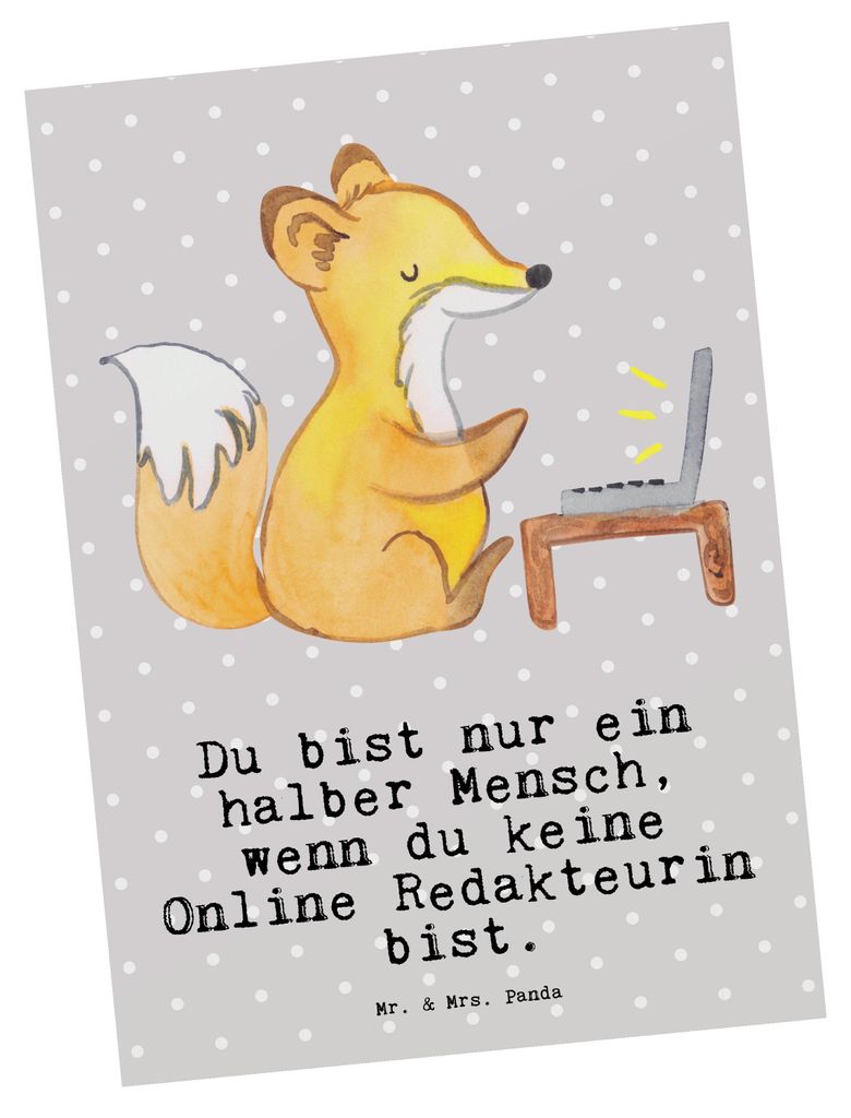 Mr. & Mrs. Panda Postkarte Online Redakteurin Herz - Grau Pastell - Geschenk, bildkarte, Postkarten, Ansichtskarten, Fotokarte, Ansichtskarte
