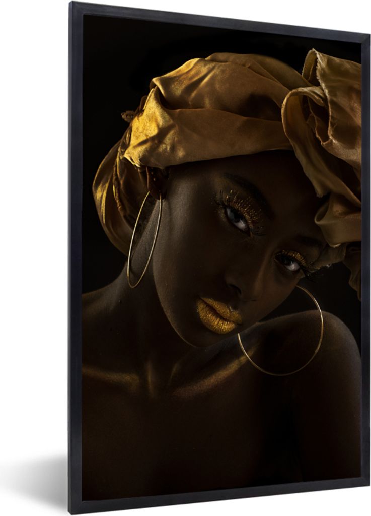 MuchoWow Gerahmtes Poster Frauen - Kopftuch - Gold - Luxus 40x60 cm - Poster mit Schwarzem Bilderrahmen Wandposter Rahmen Foto Bilder - Papierdru...