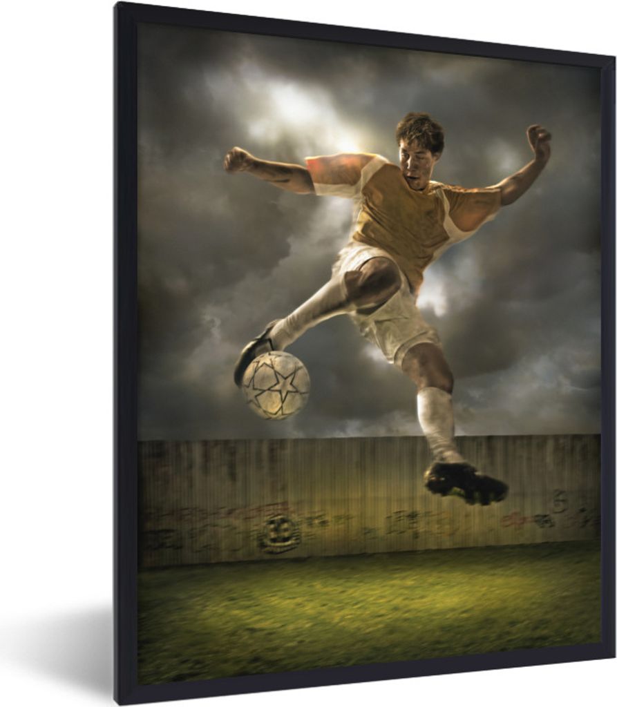 MuchoWow Gerahmtes Poster Eine Illustration eines Fußballspielers, der den Ball schießt - Jungen - Kinder 30x40 cm - Poster mit Schwarzem Bilde...