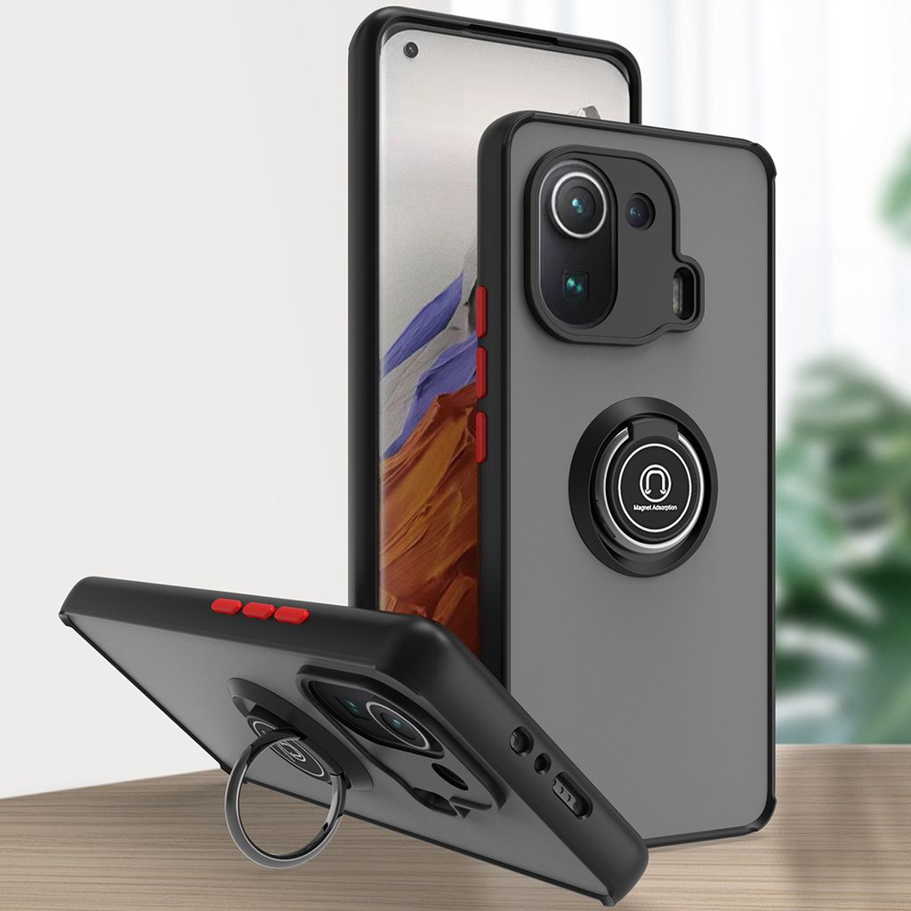 Xiaomi Mi 11 Pro Hülle, Ring Halter Ständer Matte Transluzent TPU Rahmen Stoßfest Schutzhülle für Xiaomi Mi 11 Pro Dunkelgrau