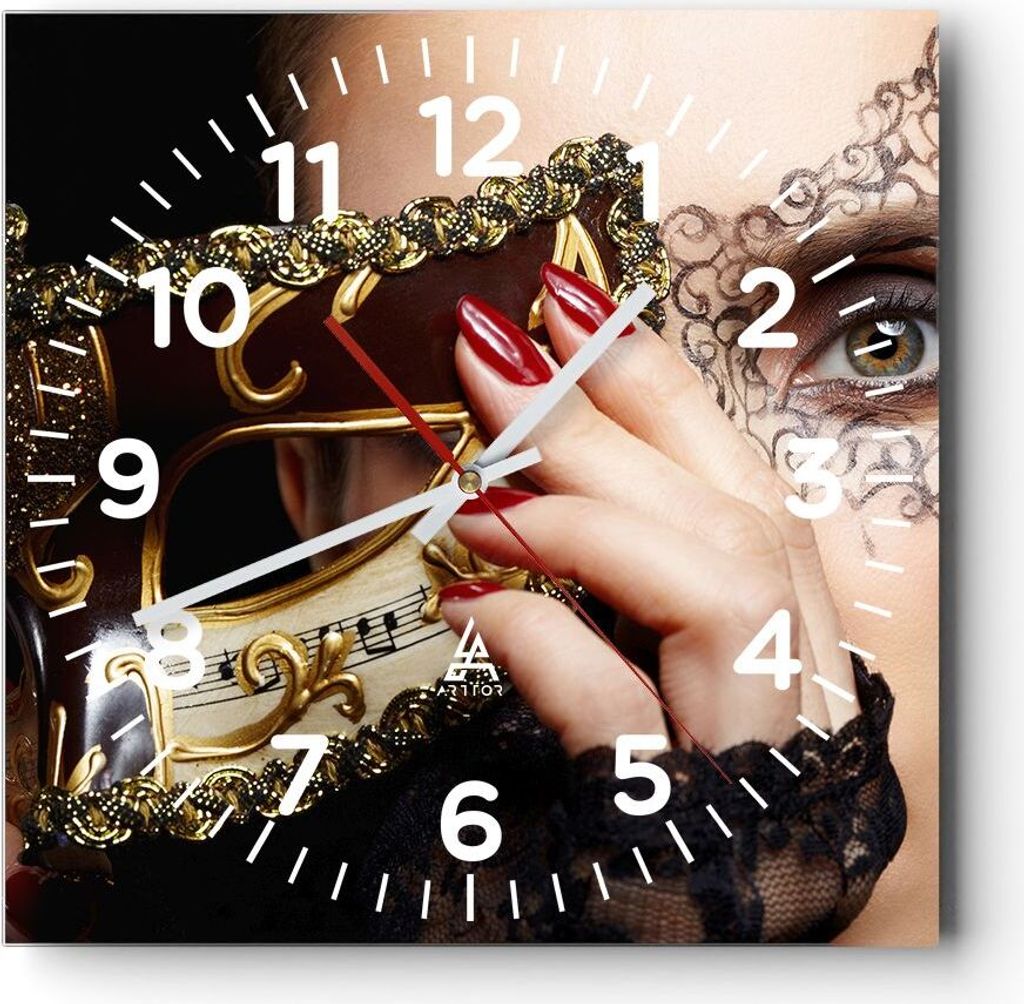 Wanduhr - Quadrat - Glasuhr - Frau Mode Venedig Maske - 30x30cm - Schleichendes Uhrwerk - Lautlos - zum Aufhängen bereit - Dekoration Modern - Wan...
