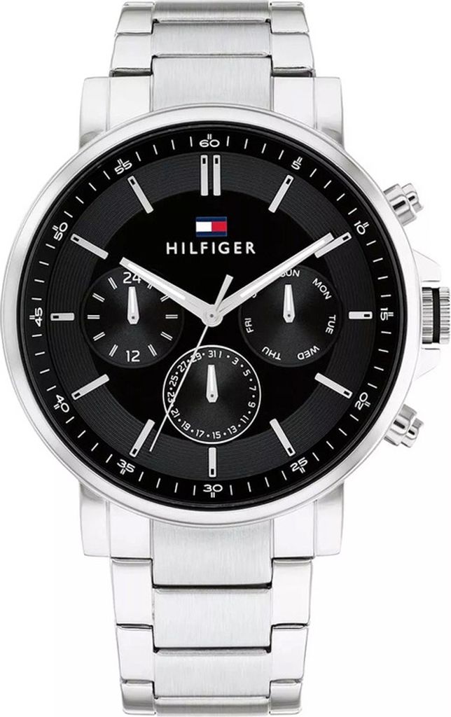 A close-up studio shot of a Tommy Hilfiger analog watch.