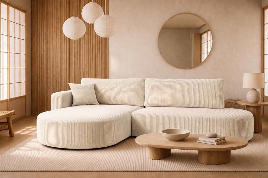 Kaiser Möbel Ecksofa mit Schlaffunktion und Bettkasten, Cordstoff Poso, Beige, Links, ROUND ONE OPEN XL