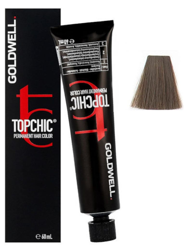 A box and tube of Goldwell Topchic hair color, with a swatch of the hair color.