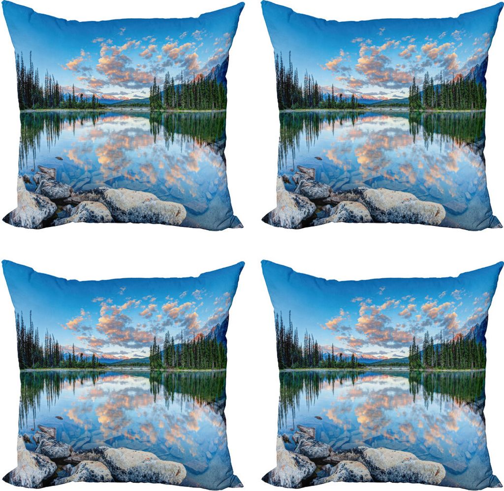 ABAKUHAUS Natur Kissenbezug Set (4 Stück), Golden Sunrise-Landschaft, Moderner Doppelseitiger Digitaldruck, 40 cm x 40 cm, Blau Grün