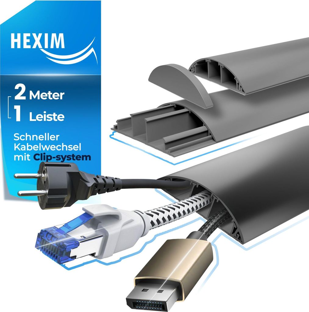 HEXIM Kabelkanal 2 Meter (1 Leisten) 68x18mm grau PVC Kunststoff halbrunde Kabelabdeckung extra breit - für Wand Boden & Decke TV Kabel LAN Strom ...
