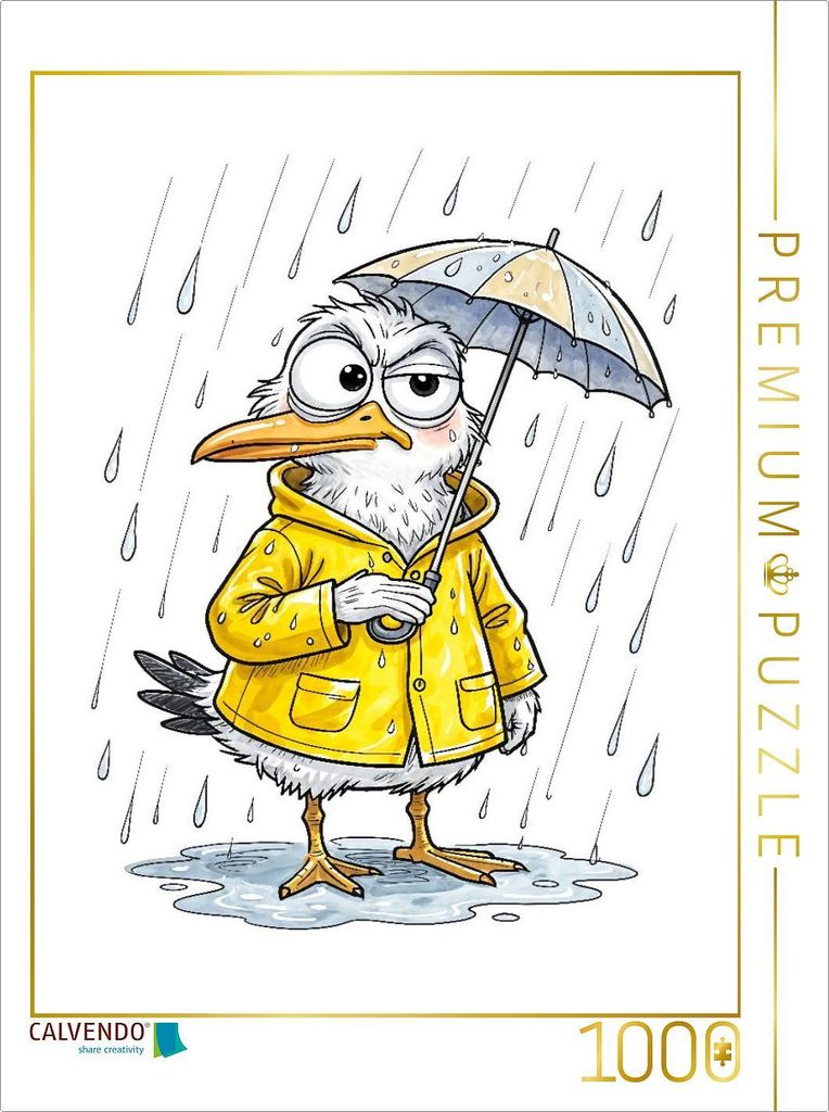 CALVENDO Puzzle Comic‐Möwe im Ostfriesennerz im Küstenregen | 1000 Teile Lege-Größe 64x48cm Foto-Puzzle für glückliche Stunden