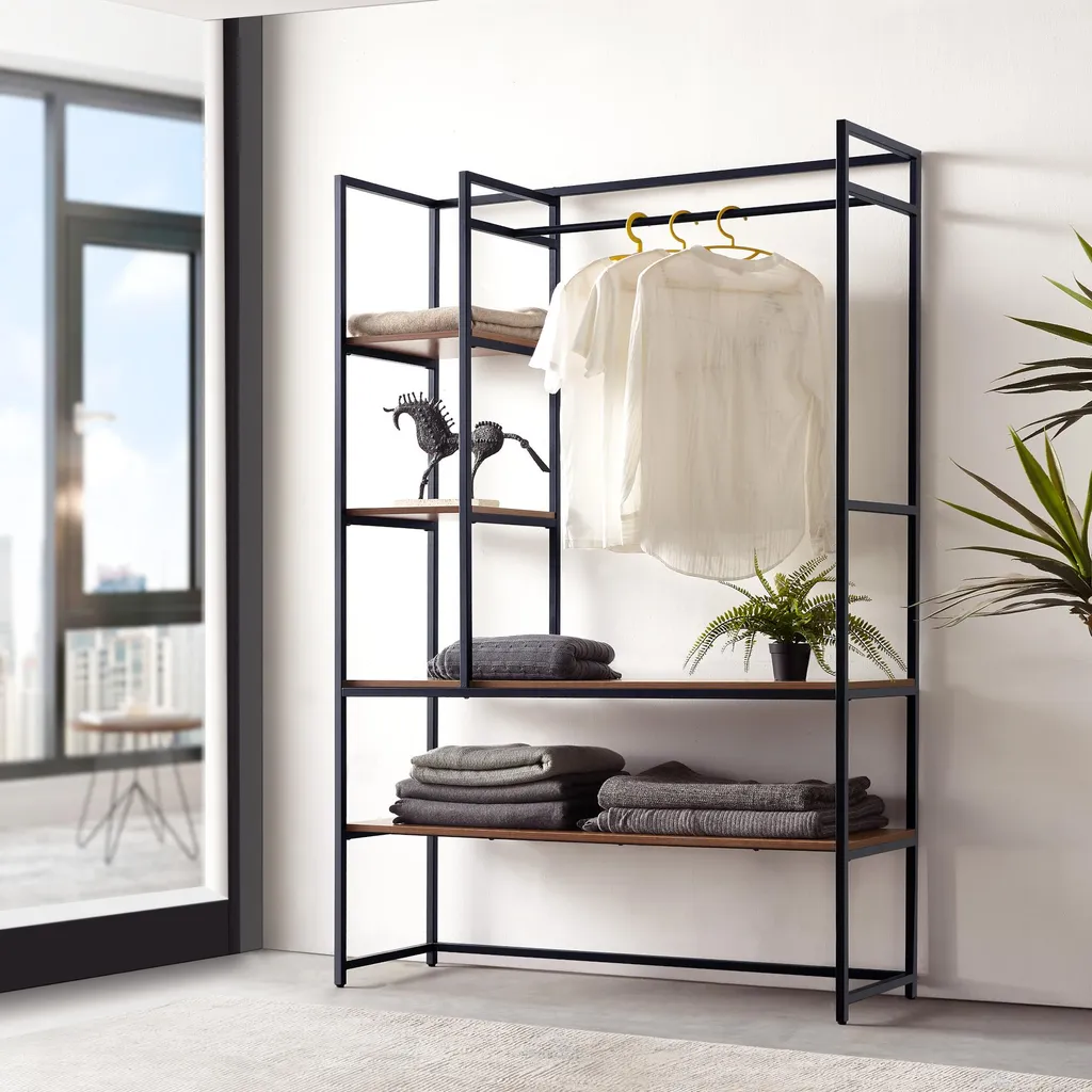 Portant à vêtements Horgau design industriel noir et bois à 2 étagères