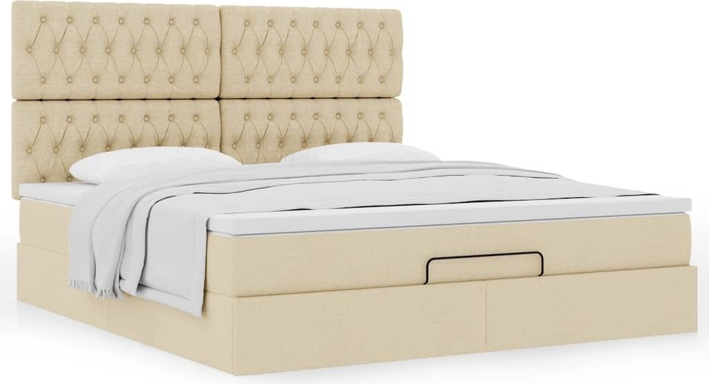 Design Ottoman-Bett mit Matratze Creme 180x200 cm Stoff, Klassische Betten Neu