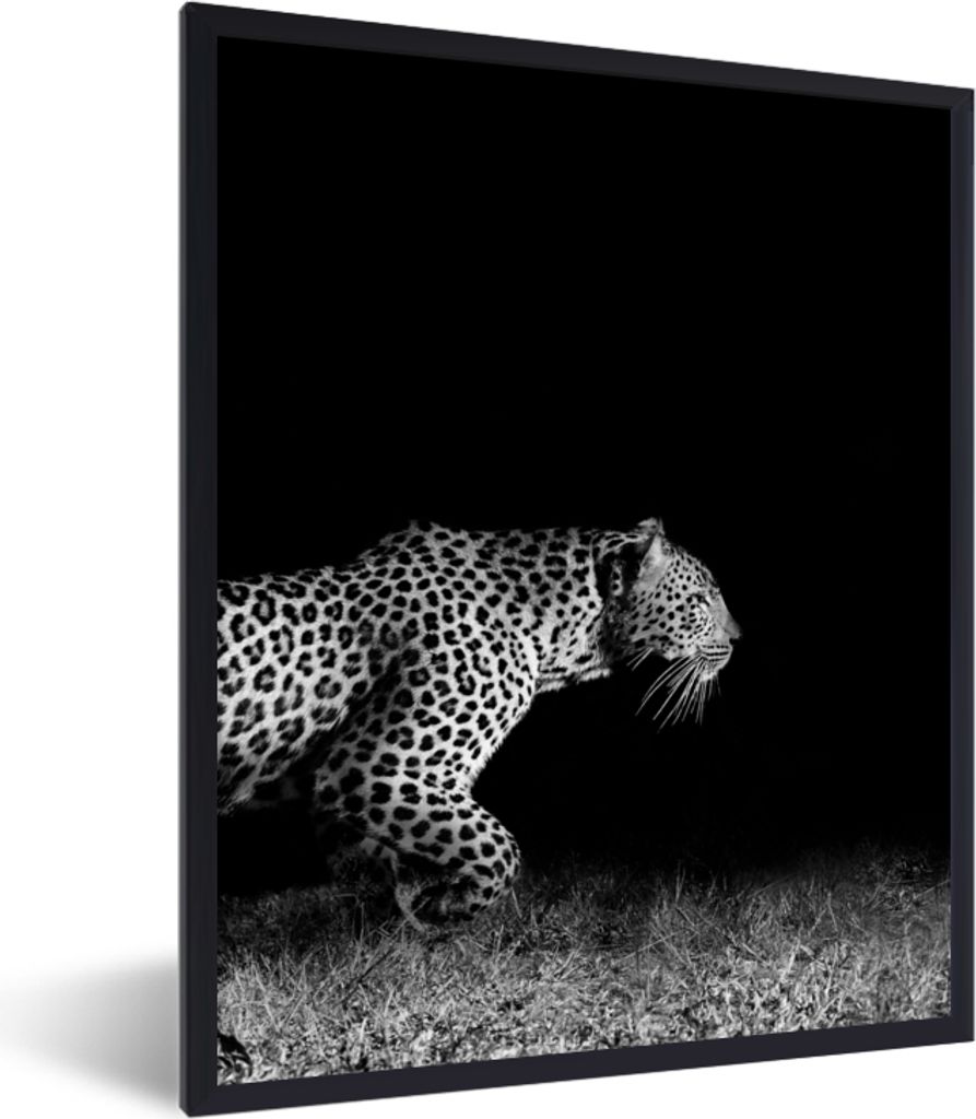 MuchoWow Gerahmtes Poster Wildtiere - Leopard - Gras - Schwarz - Weiß 30x40 cm - Poster mit Schwarzem Bilderrahmen Wandposter Rahmen Foto Bilder...