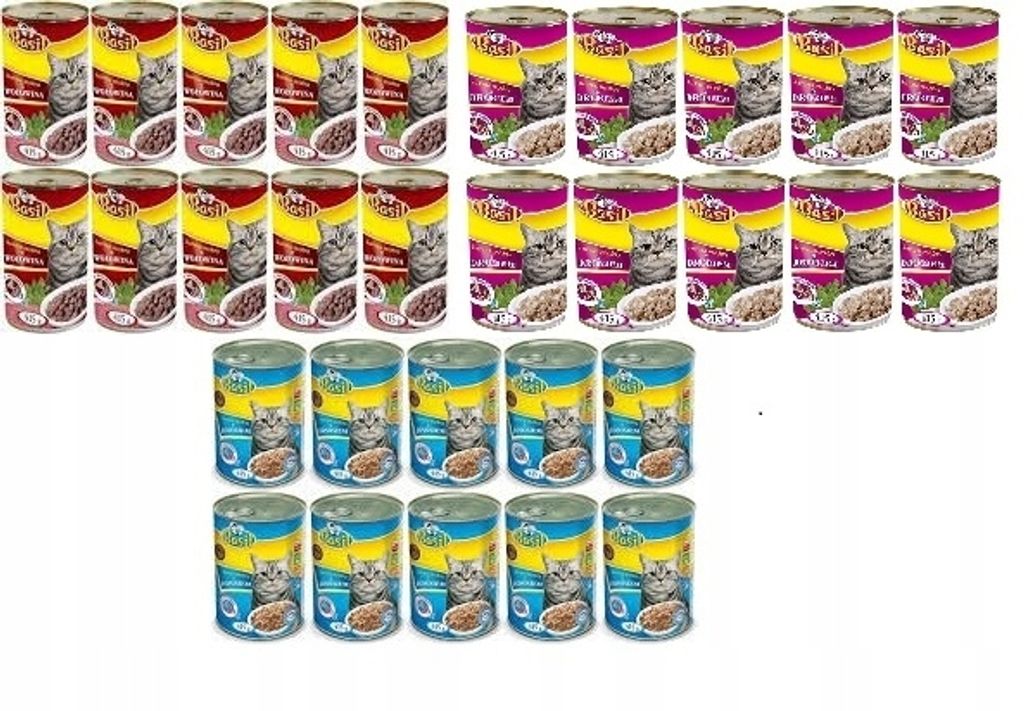 A collage of multiple cans of cat food.