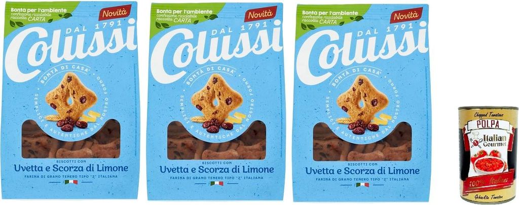 3x COLUSSI Kekse, Rosinen und Zitronenschalen 500 GR+ Italian Gourmet polpa 400g