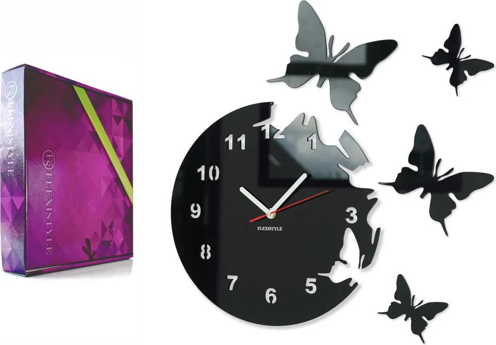 Horloge murale Papillons silencieuse 30 cm en acier noir pour séjour