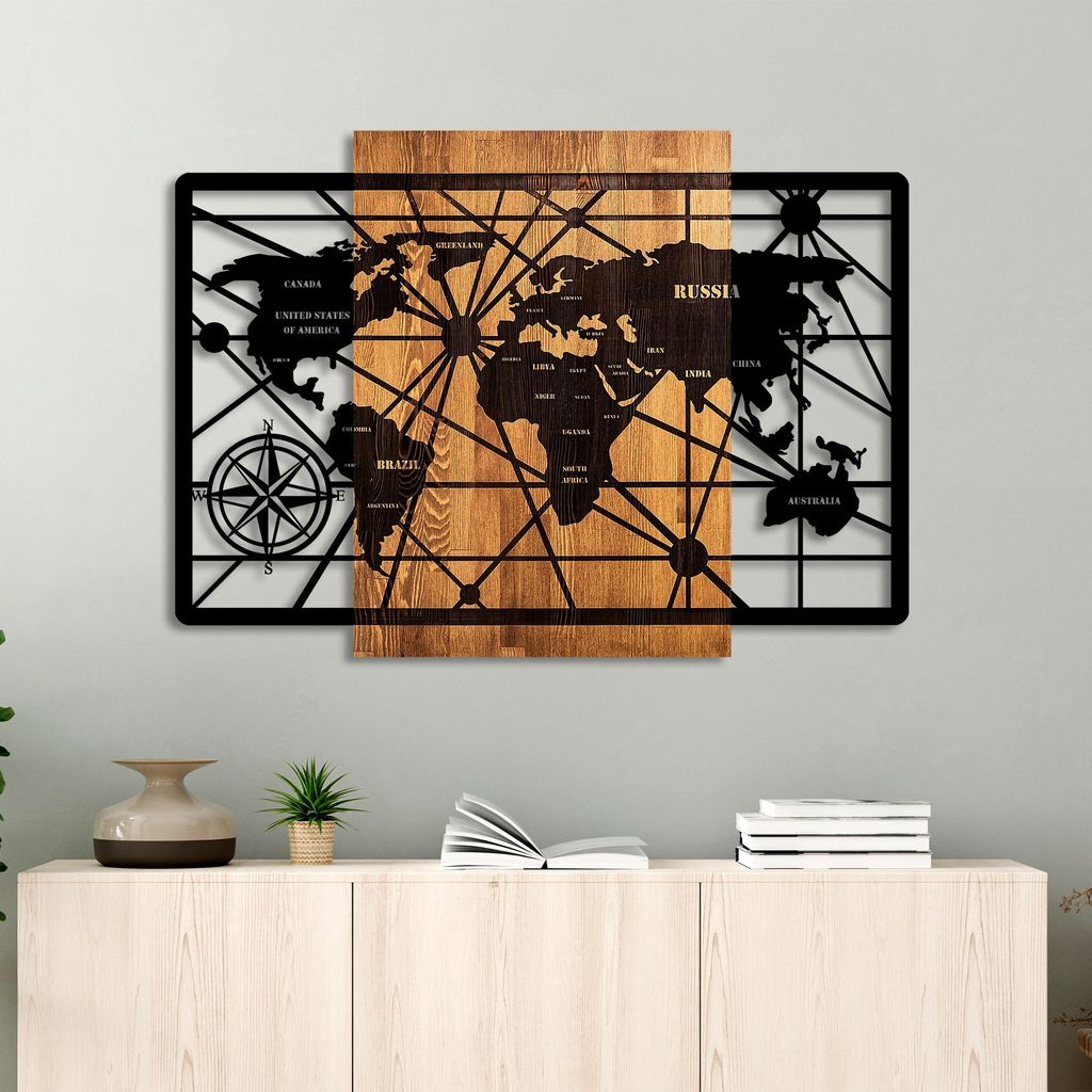 Wallity, World Map 6-L, Dekoratives Wandaccessoire aus Holz, 100 % HOLZ / METALL, Nussbaum, 70 x 96 cm