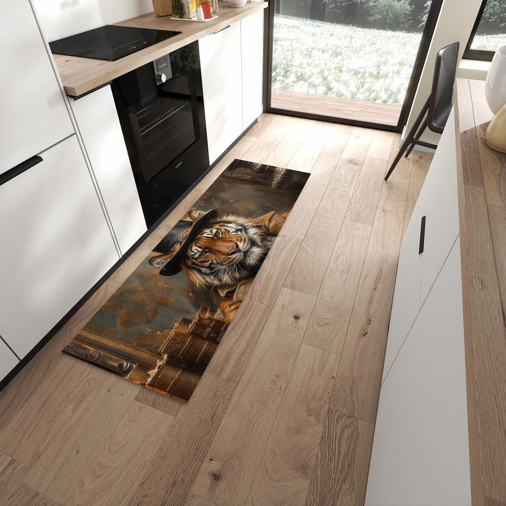 Küchenteppich 60x180cm rutschfest & abwischbar PVC Läufer - Tiger mit Zylinder
