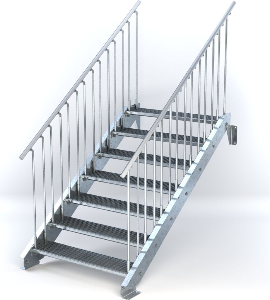 Stahltreppe 7 Stufen bis Höhe 140 cm, Laufbreite : 110 cm beidseitiges Geländer ST 1 (31 / 31 mm)