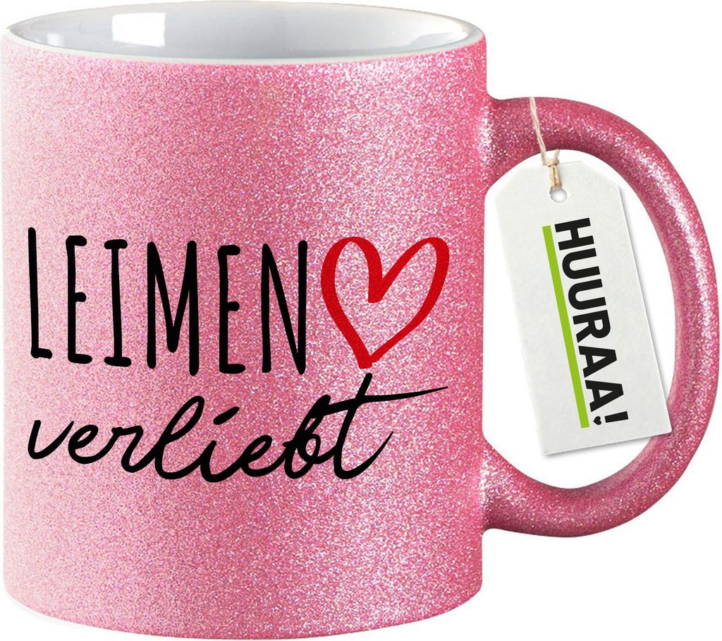 Huuraa Glitzertasse Leimen verliebt 330ml Pink Keramik Kaffeebecher Geschenkidee