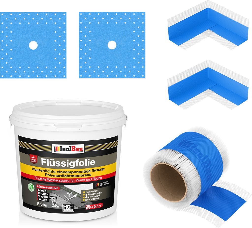 Isolbau Dicht-Set - Inkl. 1x Flüssigfolie (5,5 kg), 1x Dichtband (5 m), 2x Innenecken & 2x Manschetten