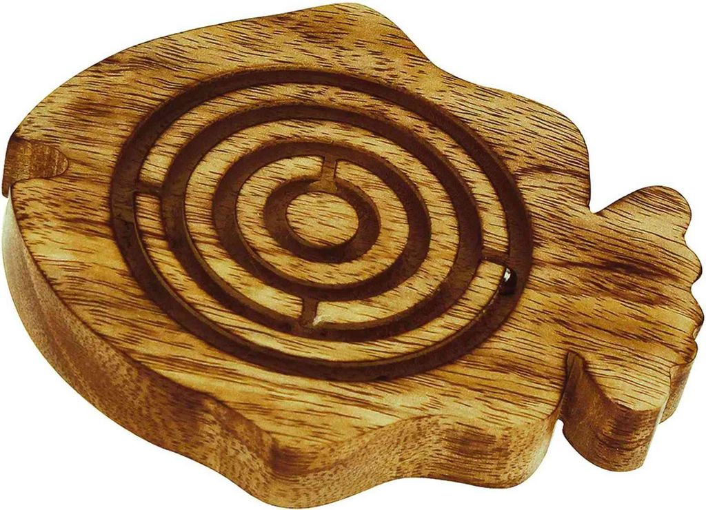 Labyrinthspiel Fisch aus Mango-Holz, 12,5x10,5x1,5cm – Maritim Retro Design