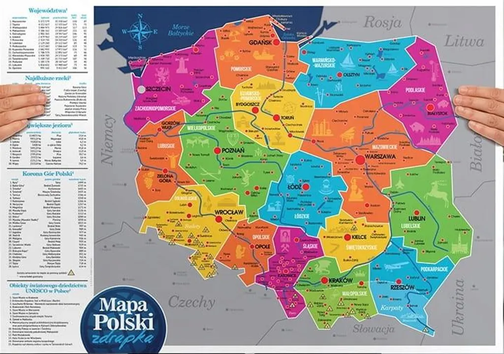 Grande Carte Pologne à gratter avec Voïvodies en couleur et détails
