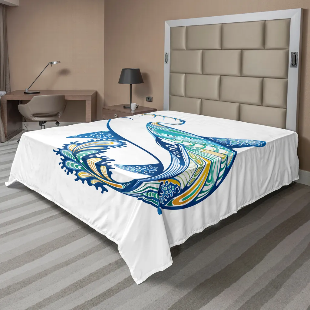 ABAKUHAUS Lenzuolo astratto, squalo martello, elaborato mare sottomarino, vita oceanica, tema animale, lenzuolo morbido e confortevole per un letto decorativo, 1 pezzo, 275 cm x 260 cm, blu acquamarina bianco