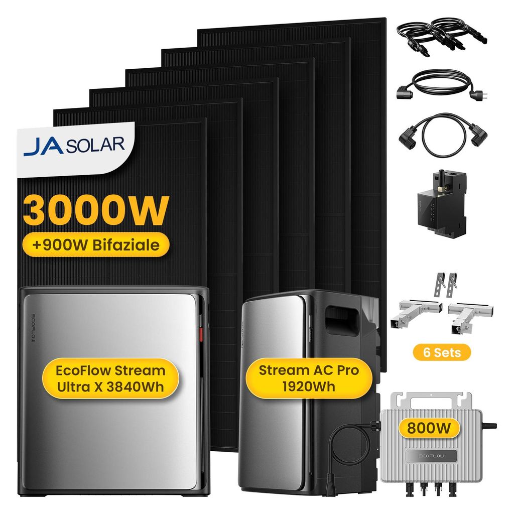 Powerness Balkonkraftwerk mit Speicher, EcoFlow STREAM Ultra X Speicher mit STREAM AC Pro,3000W JASolar Modulen & Halterung, Mikro-Wechselrichter ...