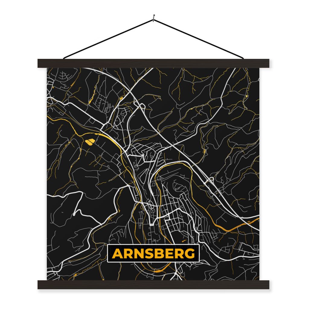 MuchoWow Textilposter Stadtplan - Karte - Deutschland - Gold - Arnsberg - Karte 40x40 cm mit schwarzem Rahmen - Fotos
