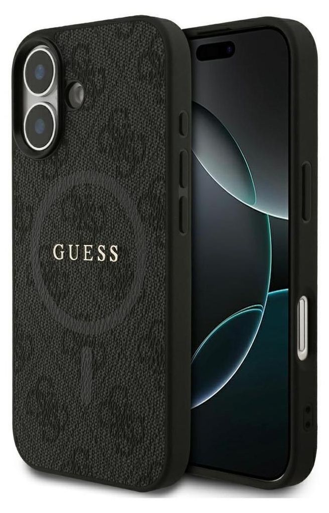 A black phone case with a repeating GUESS logo pattern and the GUESS brand name is shown next to a smartphone.