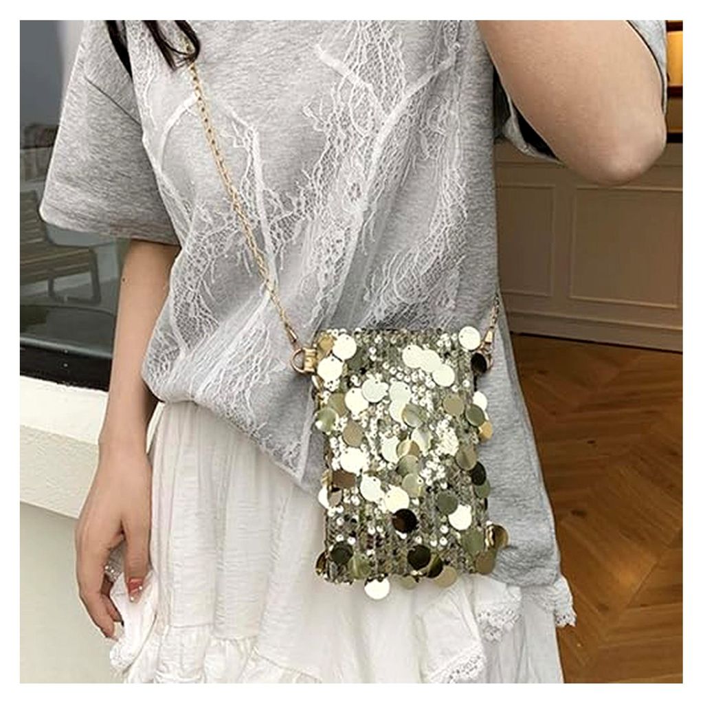 Glitzer Tasche Damen Pailletten mit Reißverschluss Silber Umhängetasche Clutch Elegante Party Handtasche Glitzertasche