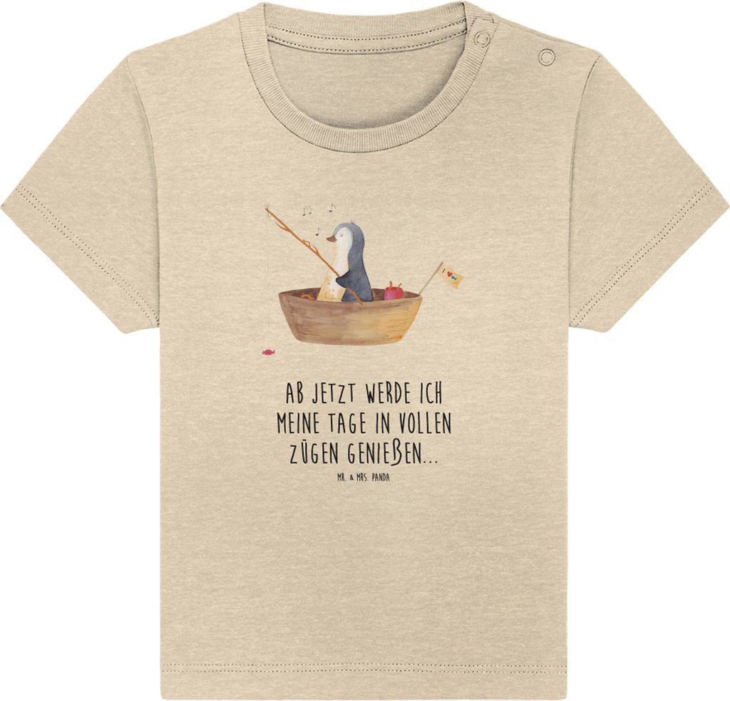 Mr. & Mrs. Panda Babyshirt Pinguin Angelboot 6. - 12. Monat - Natural Raw - Geschenk, Baby T-Shirt, Optimistisch, Lebenslust, Shirt, Leben, Scheidu...