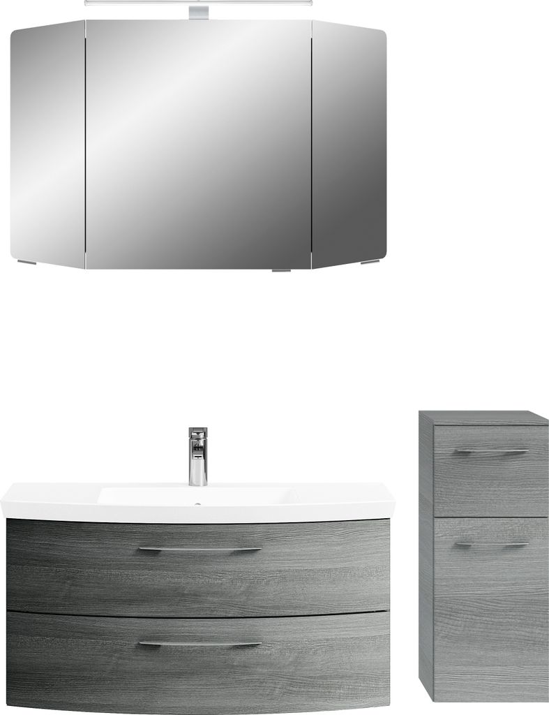 PELIPAL Cassca Sprint Bad Möbel / Graphit Struktur quer NB, Spiegelschrank + Waschtisch + Unterschrank + Highboard SET-015-014