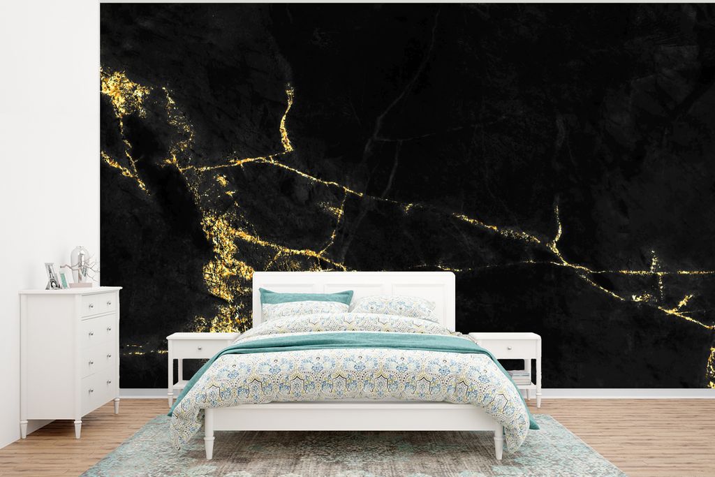 MuchoWow Fototapete für Wohnzimmer oder Schlafzimmer Wandtapete Vinyl Motivtapete Marmor - Schwarz - Gold - Luxus - 295x220 cm - Wand Tapete
