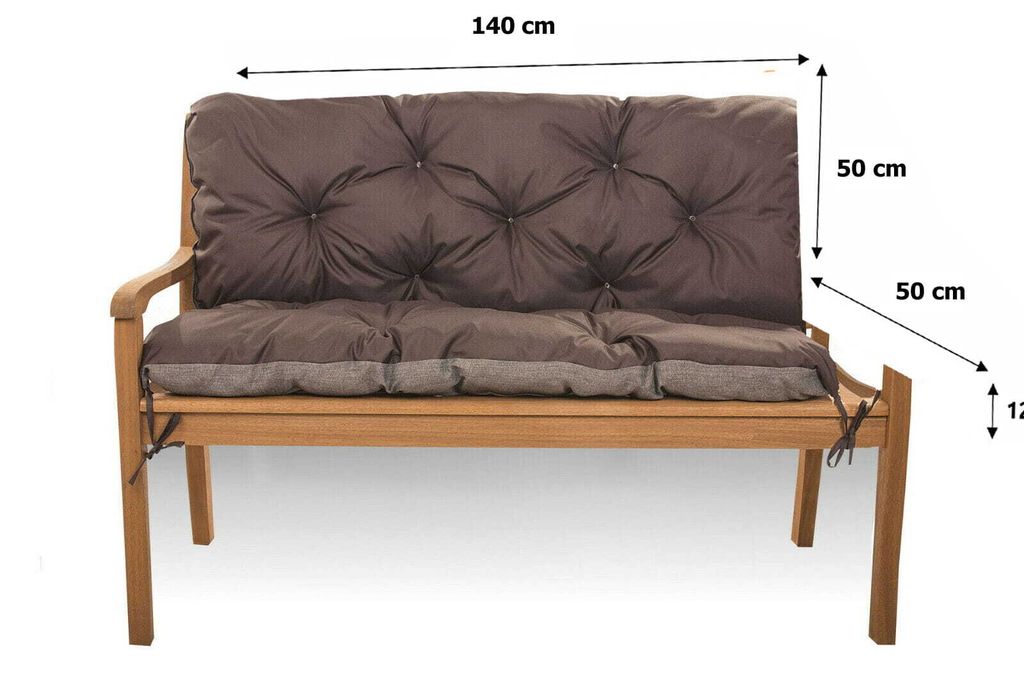 A brown garden bench cushion on a wooden bench, with dimensions indicated by text overlays.