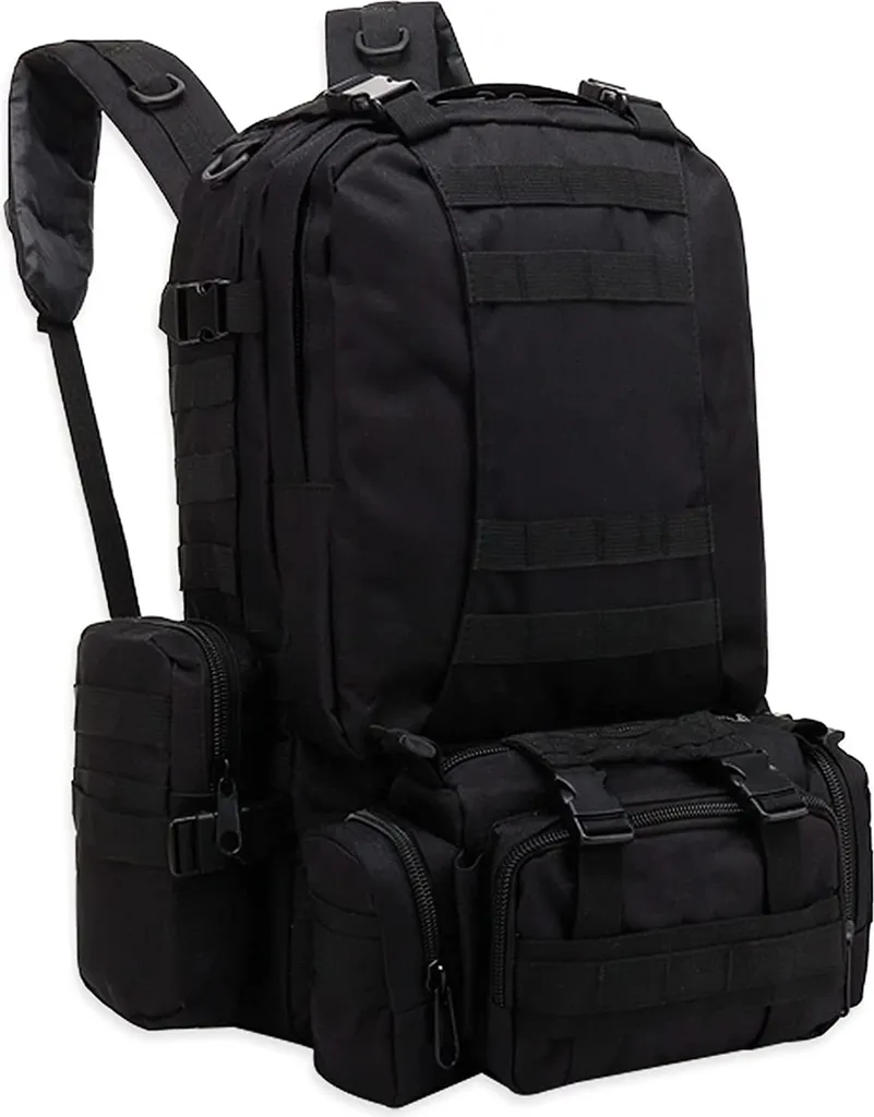 Sac de randonnée militaire 55L étanche noir pour le camping et la pêche
