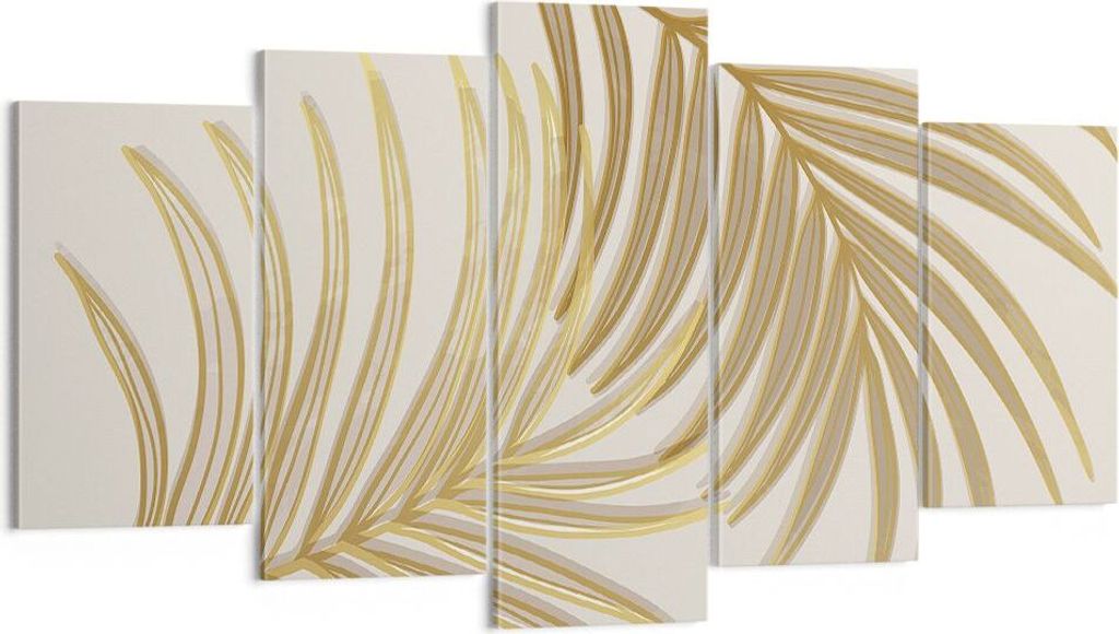 Bild auf Leinwand - Leinwandbild - 5 Teile - Golden Blätter Palmen - 160x85cm - Wand Bild - Wanddeko - Wandbilder - Leinwanddruck - Bilder - Wandd...