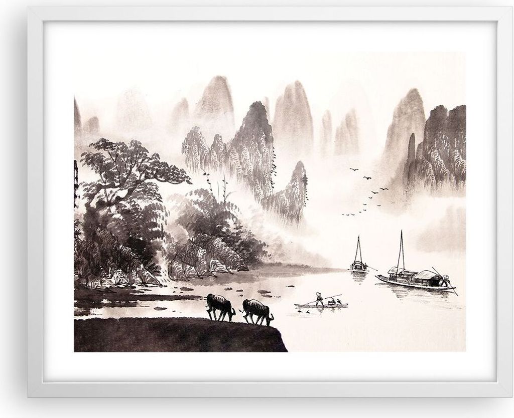 Gerahmtes Poster - Weißer Rahmen - Chinesisch Landschaft Aquarell - 50x40 cm - Wand Bild - Wanddeko - Wandbilder - Wandposter - Bilderrahmen - Bil...