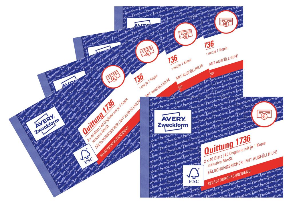 AVERY Zweckform Quittungsblock, A6 quer, 5er Pack, Produktbild 