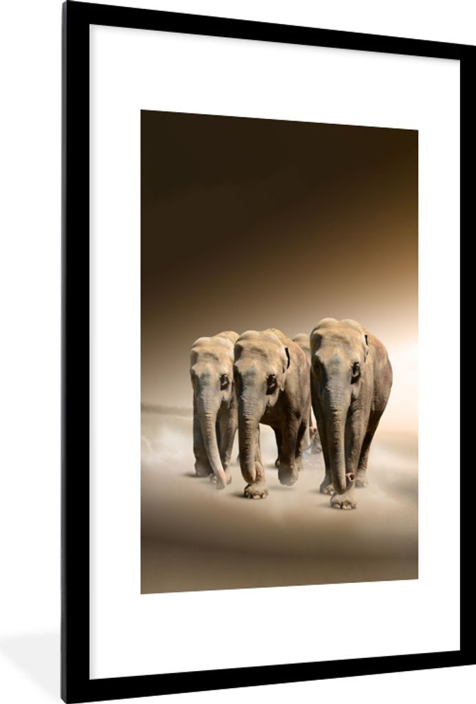 MuchoWow MuchoWow Gerahmtes Poster Elefanten - Tiere - Nebel 60x90 cm - Poster mit zchwarzem Bilderrahmen - Dekoration - Wandposter Wohnzimmer ...