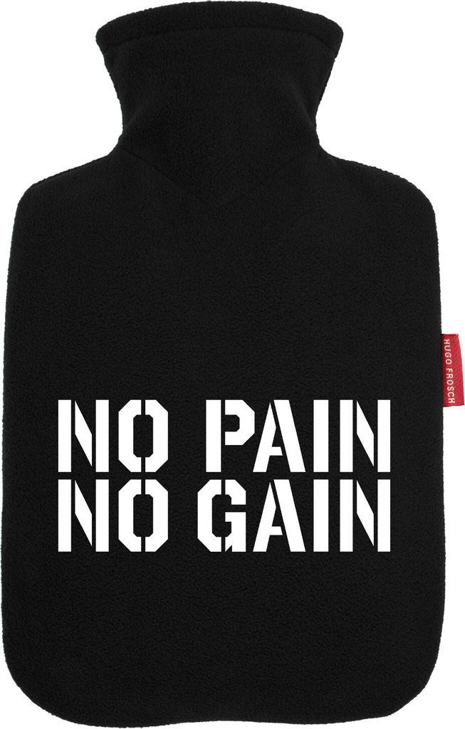 Huuraa Wärmflasche No pain gain Hantel 1,8 Liter Black Classic Veloursbezug Bettflasche Geschenkidee
