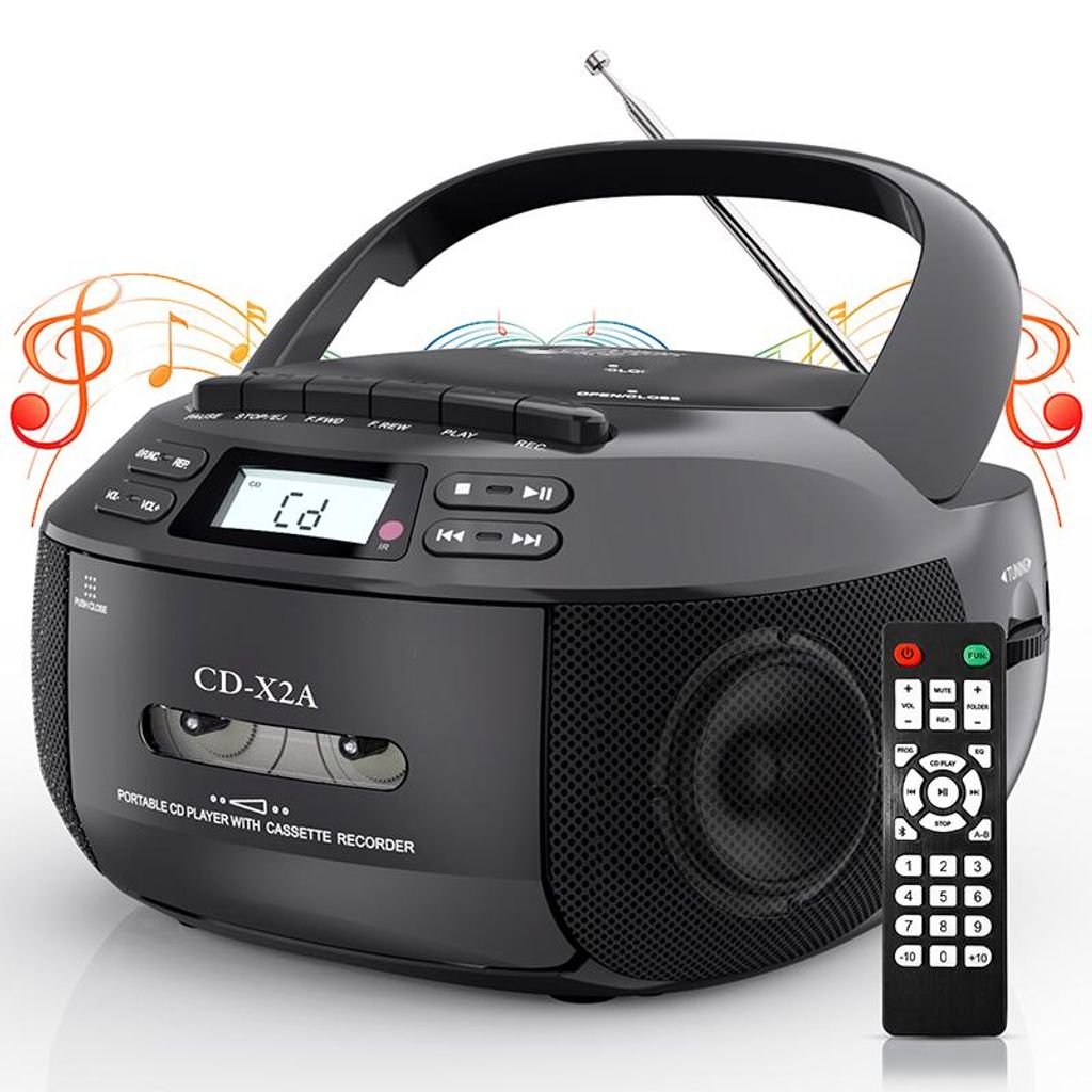 ZELURXX Tragbarer CD-Kassettenrekorder Boombox mit Bluetooth 5,1, USB/AUX, AM/FM Radio, Aufnahmefunktion, Fernbedienung, Schwarz