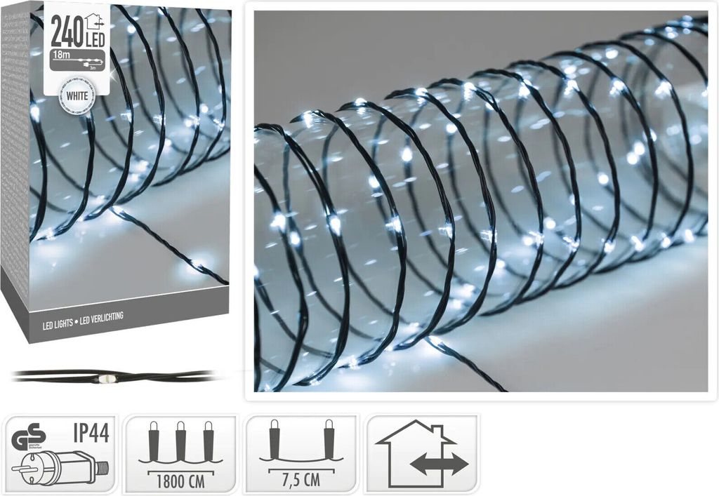 A product shot of a coil of white LED string lights with a box and icons in the foreground.