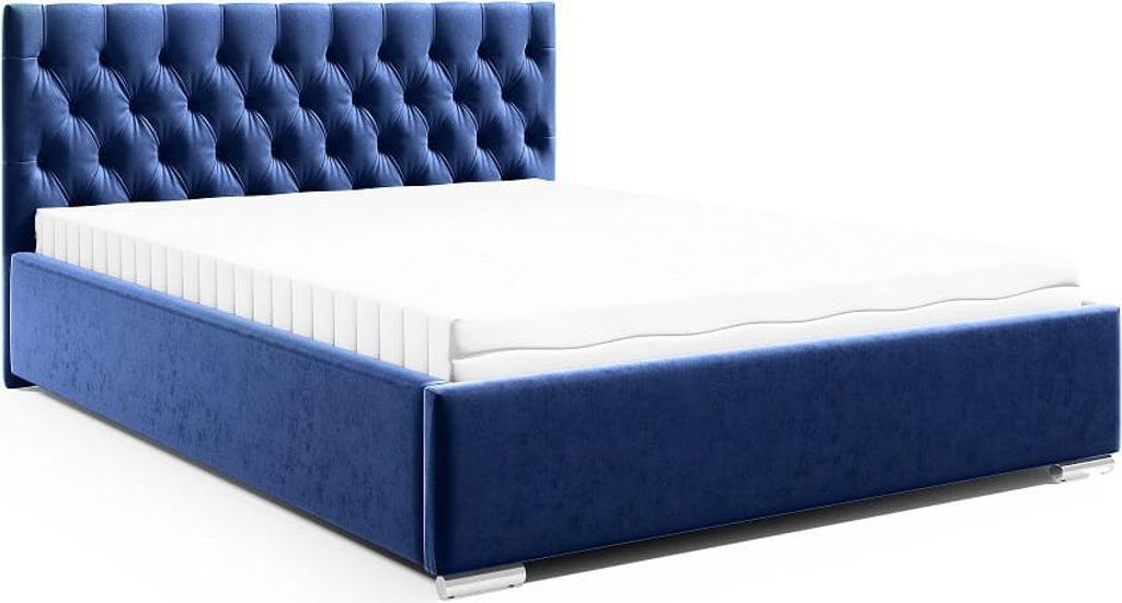 LIKMA Polsterbett GV1 Marineblau 160x200 cm mit Stauraum Verchromte Füße Doppelbett mit Kopfteil 11 cm Gepolsterter Stoffett mit Gaslift Ohne Mat...