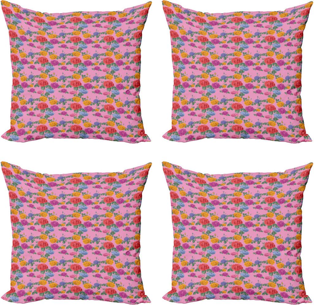 ABAKUHAUS Englischer Garten Kissenbezug Set (4 Stück), Bunte Rosen, Moderner Doppelseitiger Digitaldruck, 40 cm x 40 cm, Baby-Rosa und Multicolor