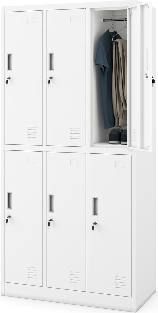 A tall, white metal locker with six compartments. One compartment on the top right is open, revealing hanging clothes and a pair of shoes.