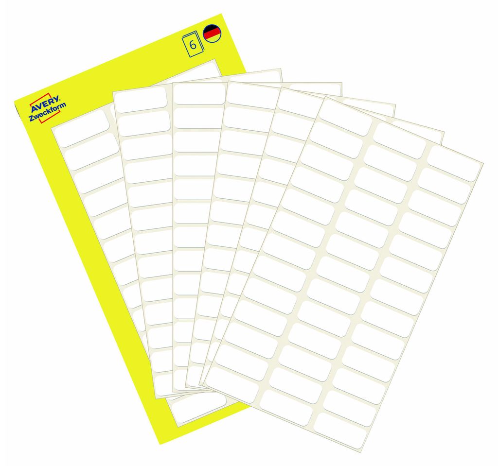 A stack of white labels on a yellow backing sheet, with some text and a German flag icon.