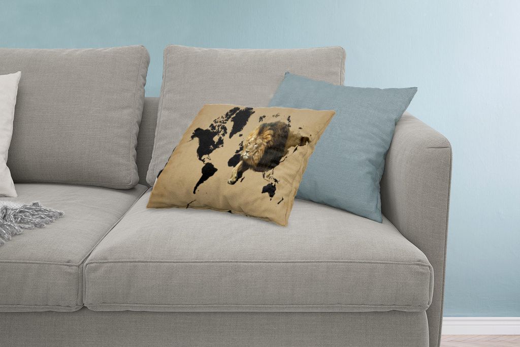 MuchoWow Zierkissen Sofakissen Wohnzimmer Dekokissen 60x40 cm Weltkarte - Schwarz - Löwe - Kopfkissen - Polster mit Foto